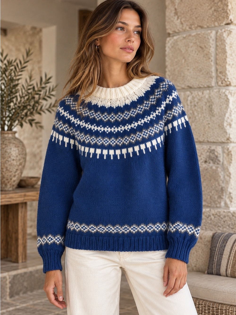 Vintage Handmade Icelandic Fair Isle Sweater Blue Wool Nordic Ski Fisherman Core